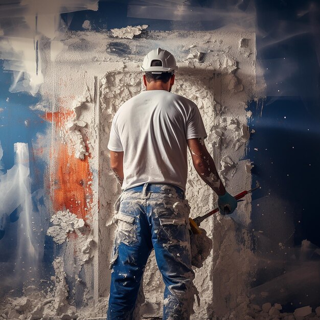 Skilled Worker Plastering a Wall in Overalls