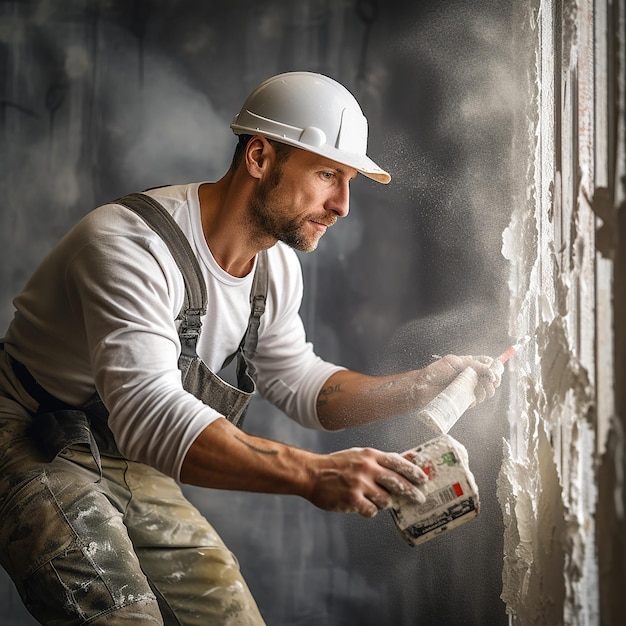 Skilled Worker Plastering a Wall in Overalls