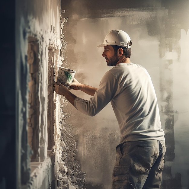 Skilled Worker Plastering a Wall in Overalls