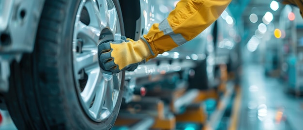 Photo skilled worker safely handling car wheels in automotive production facility