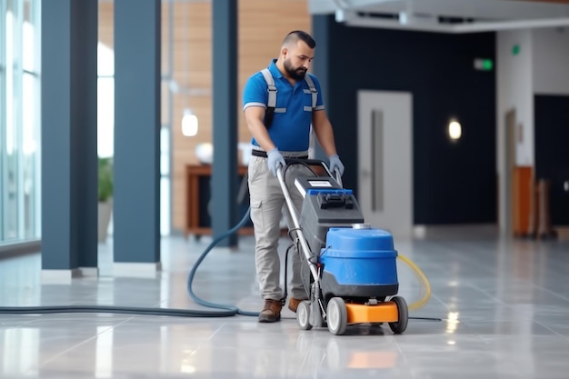 Skilled worker utilizing industrial vacuum cleaner office and industrial cleaning services company