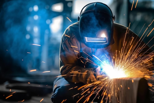 Skilled worker wearing a welding mask joins two pieces of metal with sparks flying Industrial work