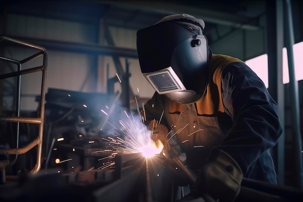 Skilled worker welds metal pipes at an industrial facility Generative AI