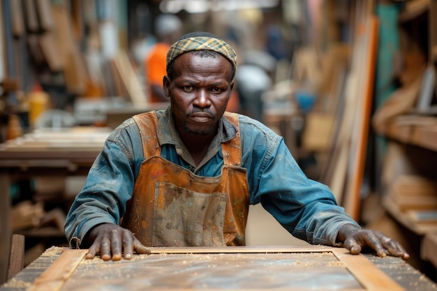 Skilled young African craftsman working in picture framing workshop