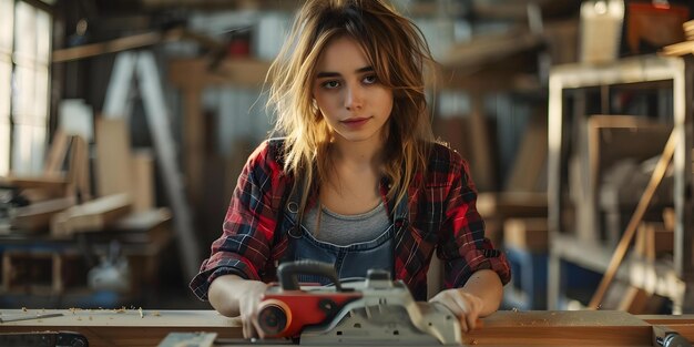 Photo skilled young woman using a power saw in a wood shop concept woodworking power tools skilled trades women in trades factory setting