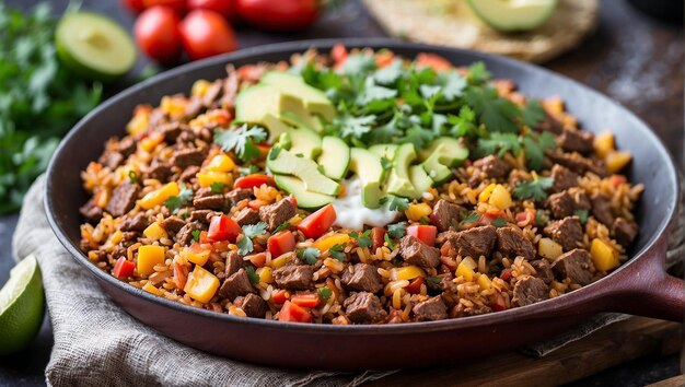 A skillet of Mexican food