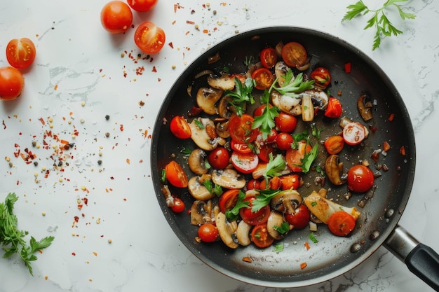 Photo a skillet with sauteed mushrooms cherry tomatoes and parsley on a white marble surface sprinkled with spices