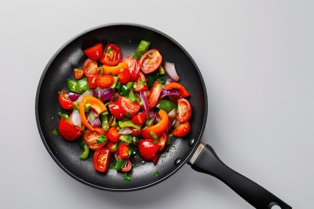 Photo a skillet with sauteed mushrooms cherry tomatoes and parsley on a white marble surface sprinkled with spices