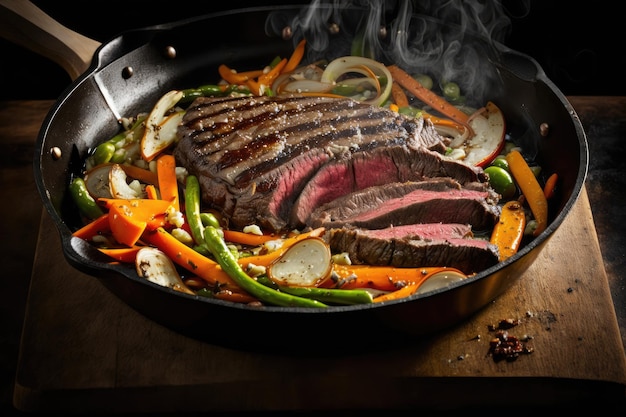 Skillet with slices of flank steak and vegetables sizzling on the stovetop