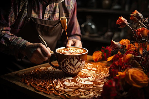 Skillful barista creates art in vaporized cappuccino detailed heart and leaves generative IA