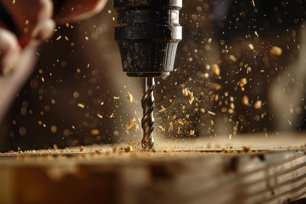 Skillful Craftsman Using Power Drill on Hardwood Woodworking with Precision Sawdust Flying