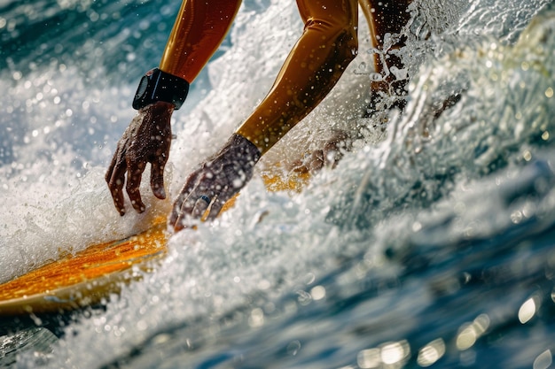 Photo skillful surfers hands and feet during a dynamic maneuver at the olympic games