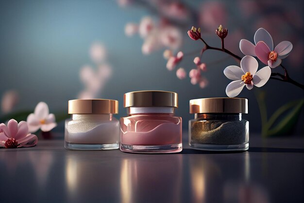 Skin care and beauty product line in glass jars with sakura blossoms displayed on a marble tablegenerative ai