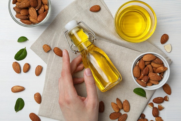 Photo skin care and body care concept almonds almond oil