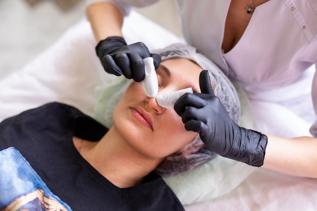 Skin care concept. A woman in a beauty salon during a facial skin care treatment.