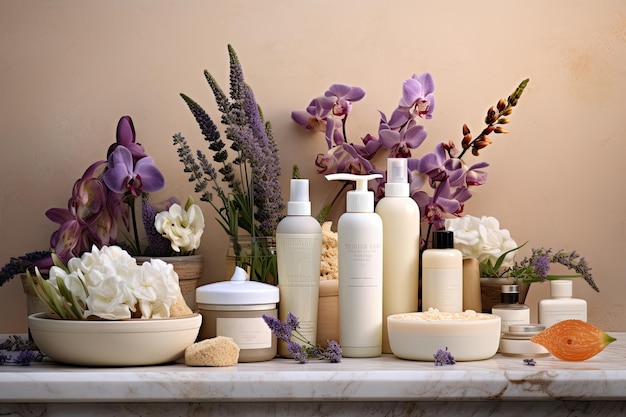 Skin Care Products Still Life Display of Fresh Florals and Saltbased Cleansing Products