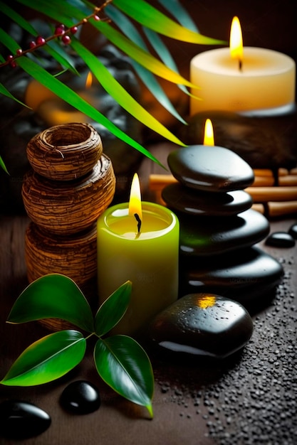 Skin care spa set decoration candle and towels oil bottle and green leaves and blossoms Generative AI