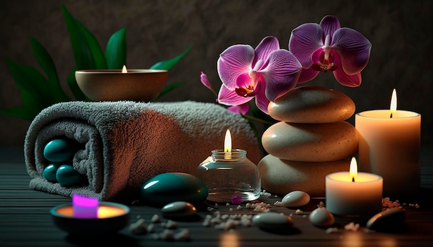 Skin care spa set decoration candle and towels oil bottle and green leaves and blossoms Generative AI