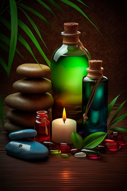 Skin care spa set decoration candle and towels oil bottle and green leaves and blossoms Generative AI