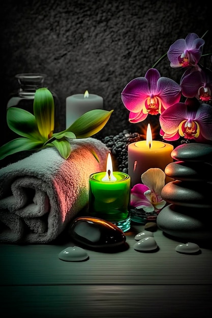 Skin care spa set decoration candle and towels oil bottle and green leaves and blossoms Generative AI