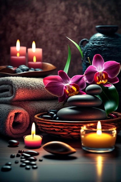 Skin care spa set decoration candle and towels oil bottle and green leaves and blossoms Generative AI