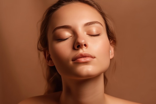 Skin care therapy hydration rejuvenation cosmetology moisturising treatment cleansing text beuaty portrait of young woman with closed eyes posing against beige background