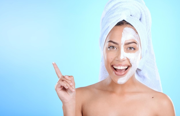 Skincare beauty and woman portrait doing morning cream face mask and skin wellness happy Product placement cosmetics and marketing mockup of a model smile with facial dermatology and self care