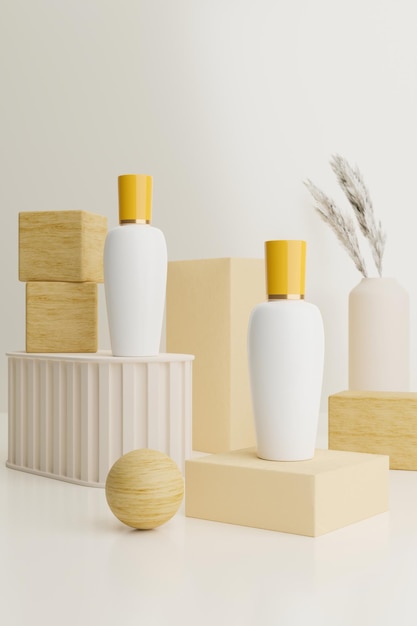 Skincare bottle packaging mockup on minimal pedestal wooden geometric podium 3d render