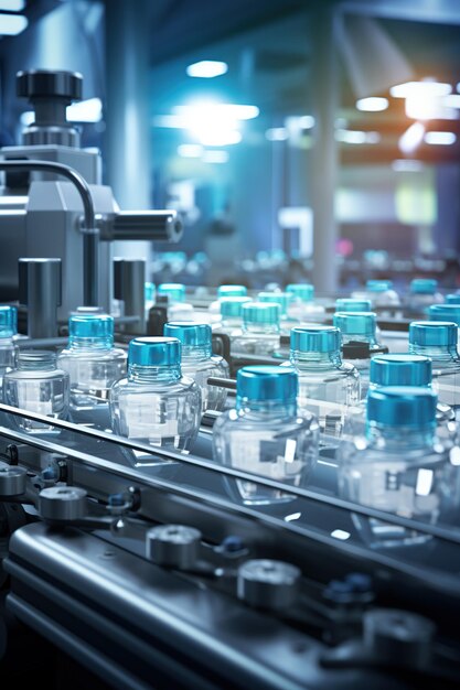 Skincare cream and serum containers on an automated production line with a focus on precision and hygiene in a manufacturing setting