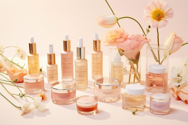 Skincare LineUp with Floral Decorations