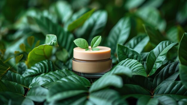 skincare product on green leaves background