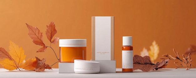 Photo skincare products displayed with fall leaves decoration creating an autumn atmosphere