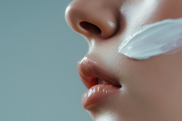 In a skincare ritual a delicate line of cream gently adorns the womans skin showcasing its smooth