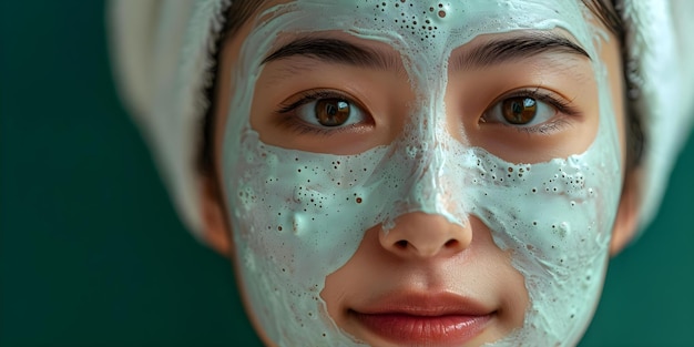 Skincare Routine Concept Asian Woman Wearing Face Mask on Green Backdrop Concept Beauty Skincare Asian Woman Face Mask Green Background