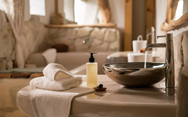 Photo skincare routine a serene bathroom setting with a hand cream bottle next to a sink