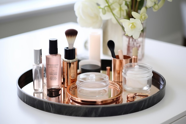 Skincare Routine Set Arranged on a Mirrored Surface