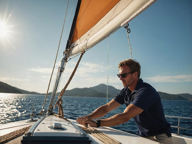 Skipper is enjoying a sunny day sailing on a sailboat during a regatta