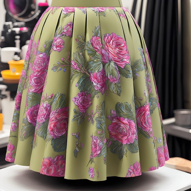 A skirt with pink flowers on it is on a table.