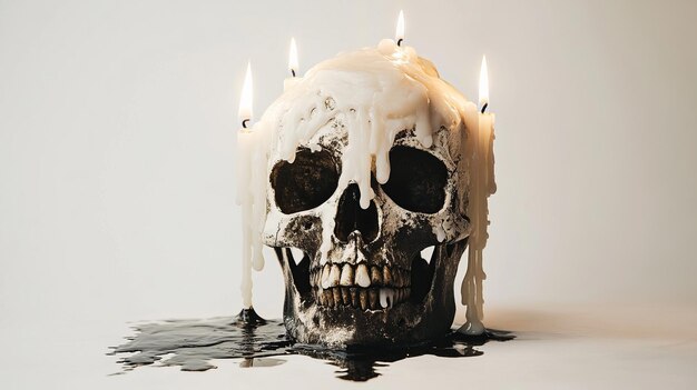 Photo skull adorned with candles wax dripping gothic still life photography