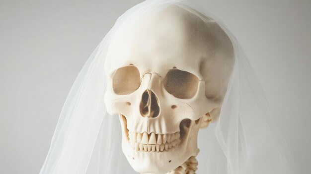 Photo skull adorned with wedding veil isolated