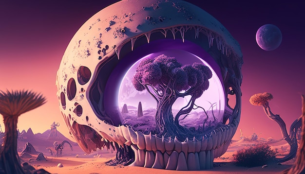 Skull alien planet digital art illustration Generative AI