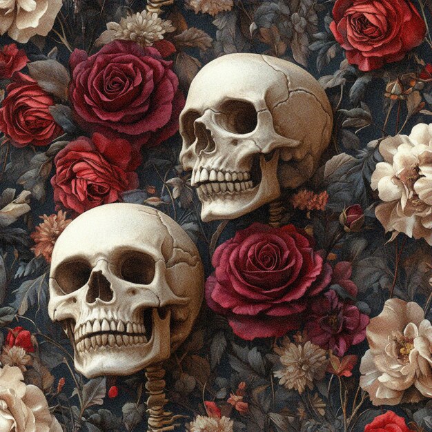 Skull Art with Maroon Roses on Dark Background Dia de Muertos Gothic Design