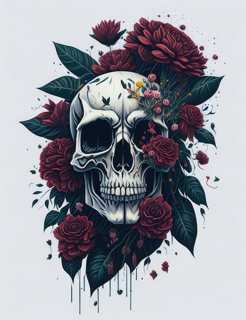 Skull art with various flowers Generative AI