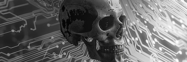 The Skull of Artificial Intelligence A skull against a digital background with circuit boards