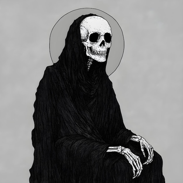 Skull in a black dress on a gray background Halloween