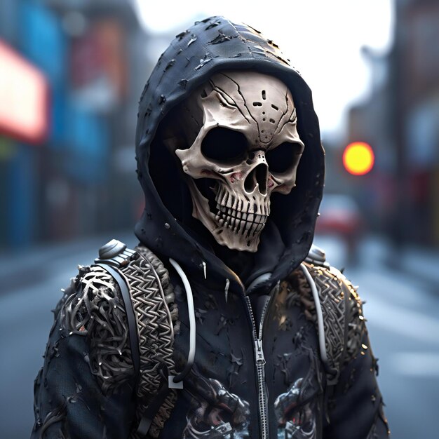 Skull in a black jacket on the street