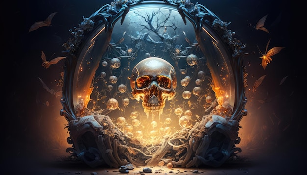 A skull and bones in a dark room