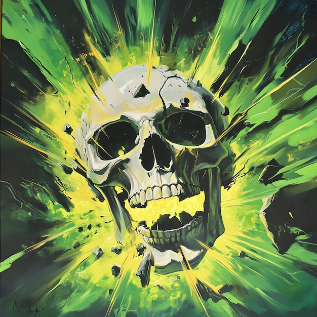 Photo skull breaking apart in an explosion digital arts