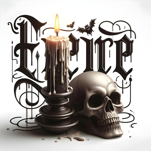 Photo skull and candle with eerie text concept as an isolated vector featuring a skull and a candle with t