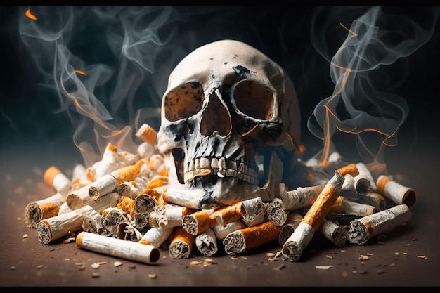 A skull and cigarettes are surrounded by smoke and the word smoking on it.